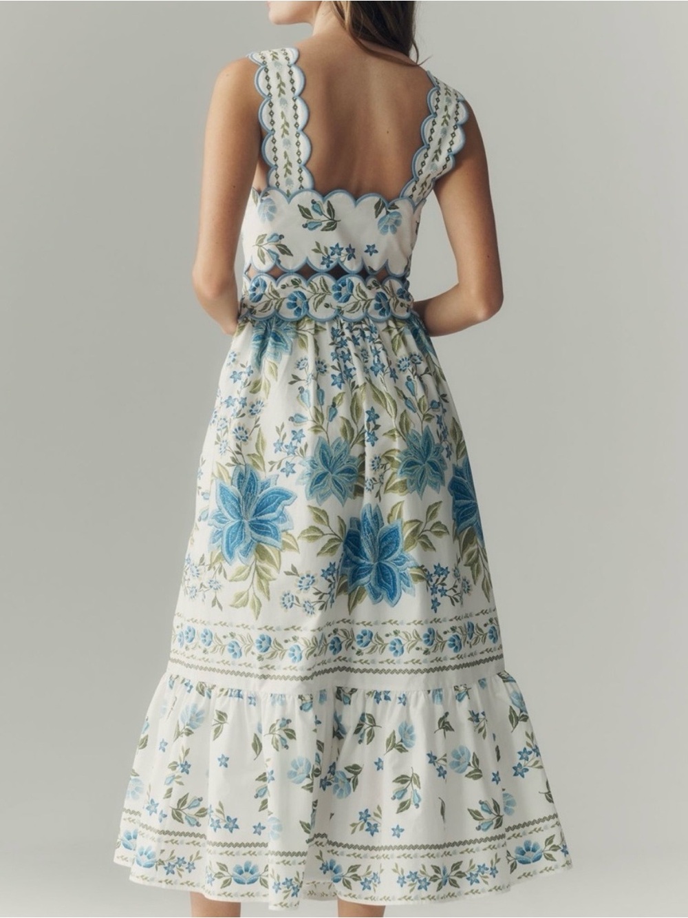 FARM RIO x Anthropologie White Midi Dress with Blue Floral Embroidery - Picture 2 of 4